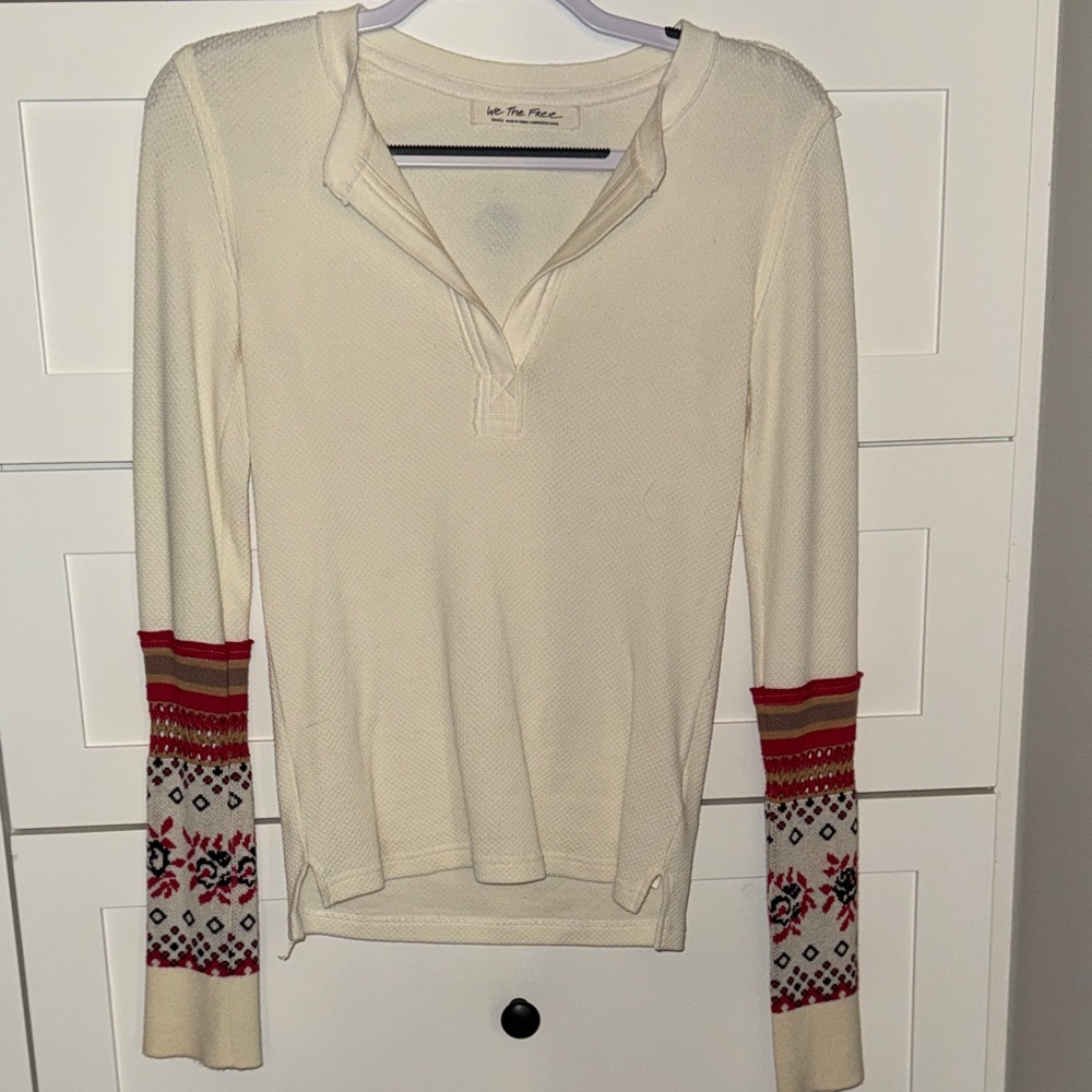 Free People Cream Top with Red Patterned Sleeves